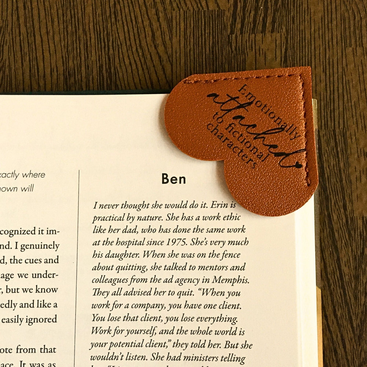 Brown leather Heartfelt Fiction Heart bookmark featuring a heartfelt design, perfect for fiction lovers and book enthusiasts.