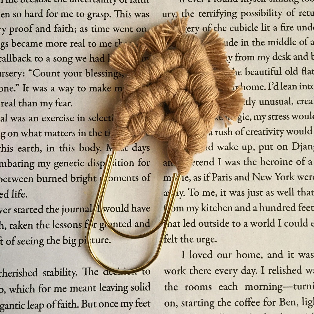 Macramé fringe paperclip bookmark in cocoa color with knit design, ideal for book lovers, by Heartfelt Gifts.