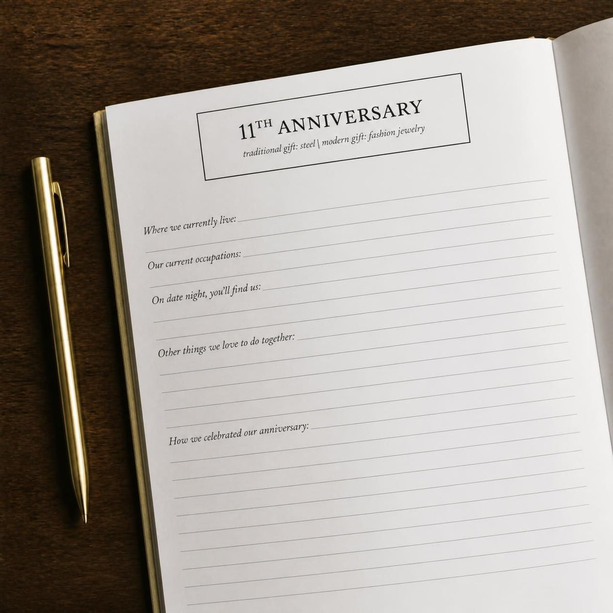 Heartfelt Gifts 11th anniversary journal with neatly arranged handwritten letters on the cover, designed for special milestone celebrations.