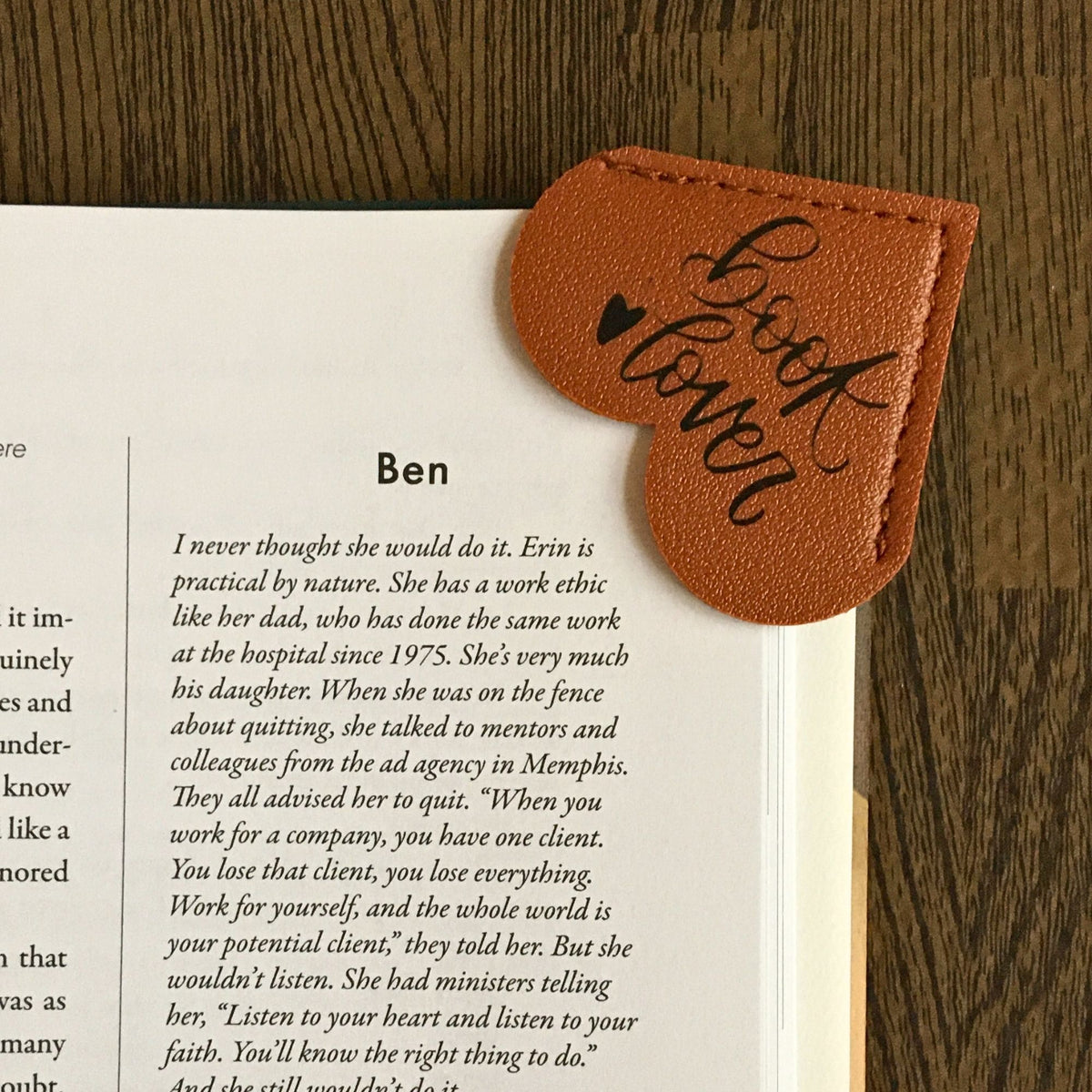 Leather book lover heart bookmark by Heartfelt Gifts, featuring a brown leather design with a heartfelt heart motif.