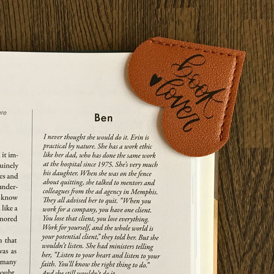 Leather book lover heart bookmark by Heartfelt Gifts, featuring a brown leather design with a heartfelt heart motif.