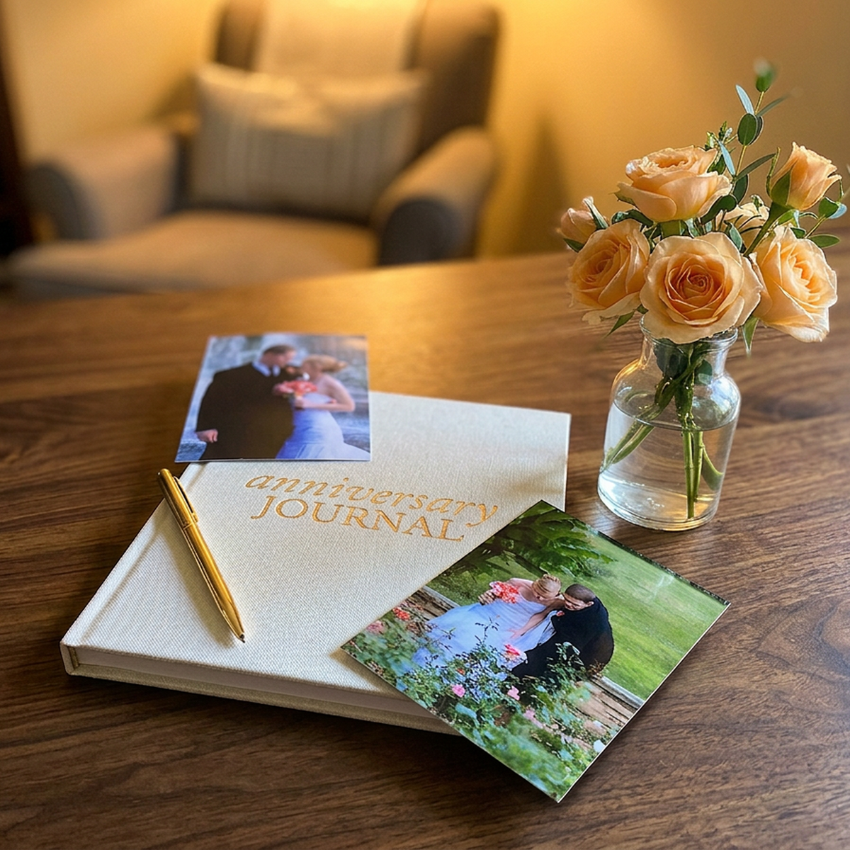 Heartfelt Gifts anniversary journal with pages for photos, decorated with roses, designed for celebrating special occasions.