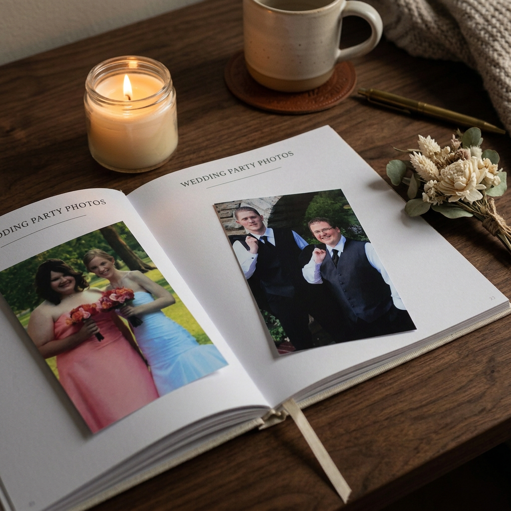 Heartfelt Gifts anniversary journal with wedding party photos, featuring a finished square cover design for capturing special memories.